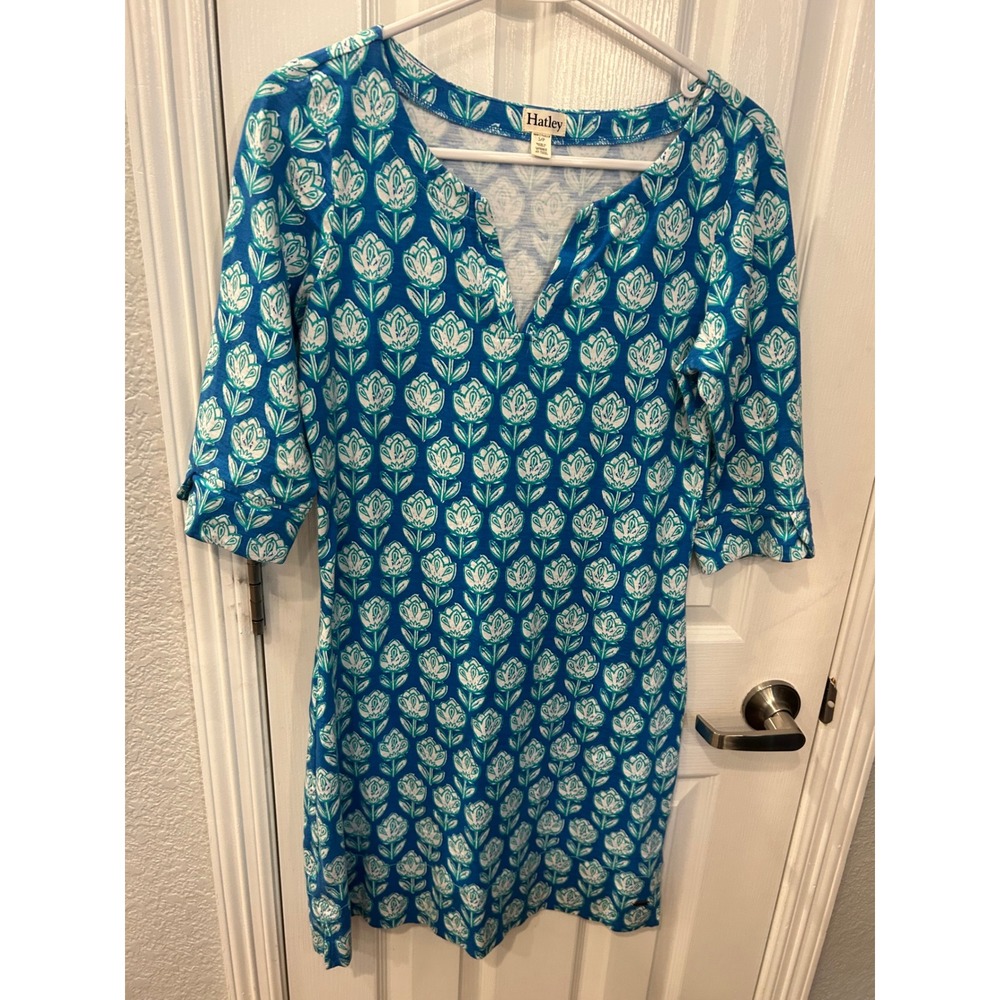 Hatley Dress Blue‎ White Tulip Floral Split Neck Cotton Knit Shift Tunic Casual